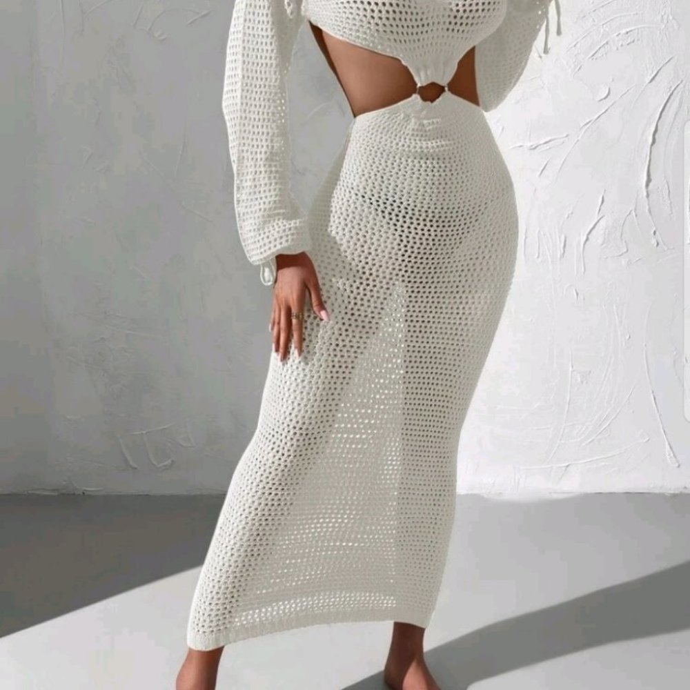 White knit cut out cover up dress summer beachy vacay - Picture 4 of 8